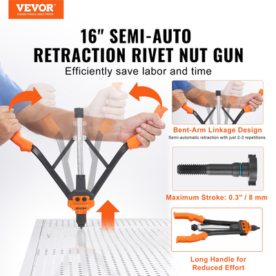 VEVOR Rivet Nut Tool, 16&quot; Rivnut Tool Kit with 13PCS Metric and SAE Mandrels, 186PCS Rivet Nuts, M3, M4, 10-24, M5, M6, 1/4-20, 8-32, 5/16-18, M8 , 3/8-16, M10, M12, 1/2-13, Semi-auto Retraction
