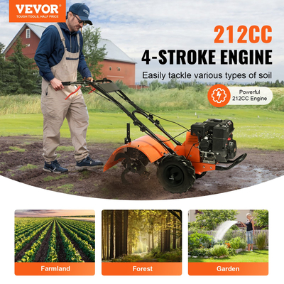 VEVOR Tiller Cultivator Gas Powered, 212CC 4-stroke Garden Cultivator, Tiller με 4 ρυθμιζόμενα πίσω δόντια από χάλυβα για καλλιέργεια χλοοτάπητα, κήπου και εδάφους