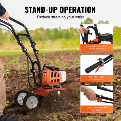 VEVOR Tiller Cultivator Gas Powered, 43CC 2-Stroke Garden Cultivator, Tiller με 4 ρυθμιζόμενα μπροστινά δόντια από χάλυβα για καλλιέργεια γκαζόν, κήπου και εδάφους