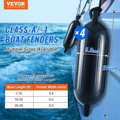 VEVOR Boat Fenders, 5,5&quot; x 20&quot; Boat Fampers for Docking, Φουσκωτό ραβδωτό φτερό με κεντρικές τρύπες, Marine Boat Dock Fender Fender με αντλία αέρα, 4 βελόνες και 4 σχοινιά και τσάντα αποθήκευσης, μαύρο