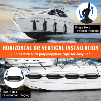 VEVOR Boat Fenders, 5,5&quot; x 20&quot; Boat Fampers for Docking, Φουσκωτό ραβδωτό φτερό με κεντρικές τρύπες, Marine Boat Dock Fender Fender με αντλία αέρα, 4 βελόνες και 4 σχοινιά και τσάντα αποθήκευσης, μαύρο