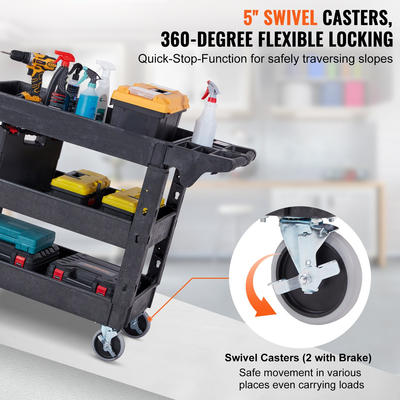 VEVOR Utility Service Cart, 3 Shelf 550LBS Heavy Duty Plastic Rolling Utility Cart με περιστρεφόμενους τροχούς 360° (2 με φρένα), ράφι μεσαίου χείλους, εργονομική λαβή αποθήκευσης για αποθήκη/Γκαράζ/Καθαρισμό