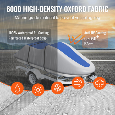 Κάλυμμα για τζετ σκι VEVOR, 3200-3420 χιλ. Trailerable αδιάβροχο κάλυμμα PWC, ύφασμα 600D Marine Grade PU Oxford, ύφασμα Oxford, ανθεκτικό στην υπεριώδη ακτινοβολία, κάλυμμα Seadoo με λουράκια, Προσωπικά καλύμματα για σκάφη, γκρι+μπλε