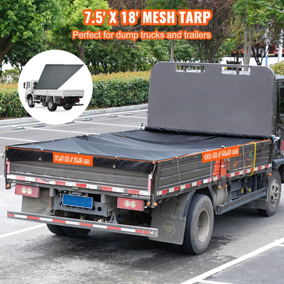 VEVOR Dump Truck Mesh Tarp, 7,5x18 ft, μαύρο κάλυμμα βαρέως τύπου με επίστρωση PVC με διπλή τσέπη 5,5&quot; 18 oz, ορειχάλκινοι δακτύλιοι, ενισχυμένος ιμάντας διπλής βελόνας που ταιριάζει χειροκίνητο ή ηλεκτρικό σύστημα ανατρεπόμενου φορτηγού