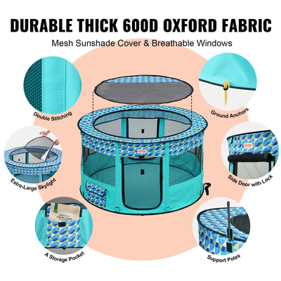 VEVOR Πτυσσόμενο παρκοκρέβατο για κατοικίδια, 44&#039;&#039; x 44&#039;&#039; x 24&#039;&#039; φορητό παρκοκρέβατο για σκύλους, Κλουβί ρείθρων για κουτάβι, σκύλο, γάτα, αδιάβροχο ύφασμα Oxford 600D, αφαιρούμενο φερμουάρ, για υπαίθριο κάμπινγκ ταξιδιού σε εσωτερικούς χώρους (Στρογγυλό, L)