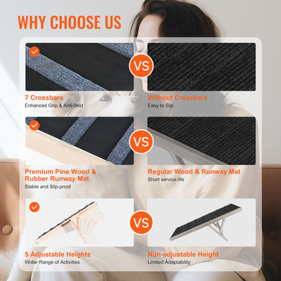 Ράμπα σκυλιών VEVOR, Πτυσσόμενη ράμπα για κατοικίδια για κρεβάτι, ρυθμιζόμενη ράμπα σκυλιών για μικρούς, μεγάλους, ηλικιωμένους σκύλους και γάτες, Ξύλινη ράμπα κατοικίδιων με μακριά ράμπα 39,3&quot;, Ρυθμιζόμενη από 15&quot; έως 22&quot;, Κατάλληλη για καναπέ, καναπέ, αυτοκίνητο