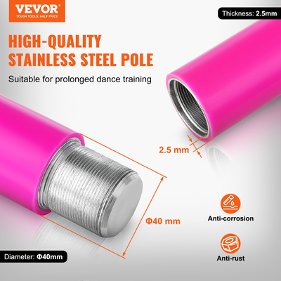 VEVOR Professional Dancing Pole, Spinning Static Dancing Pole Kit, Φορητό αφαιρούμενο κοντάρι, 40mm βαρέως τύπου κοντάρι από ανοξείδωτο ατσάλι, ρυθμιζόμενο ύψος, κοντάρι γυμναστικής, για γυμναστική στο σπίτι, ροζ