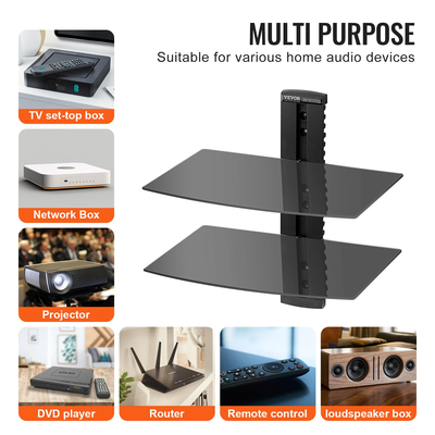 Πλωτά ράφια από γυαλί VEVOR 2 επιπέδων Χωράει έως και 18 λίβρες Βάση τοίχου τηλεόρασης με ράφι