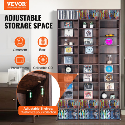 VEVOR Media Storage Cabinet 12 στρωμάτων Ρυθμιζόμενα ράφια DVD 1080 CD Espresso