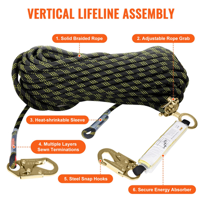 VEVOR Vertical Lifeline 150ft (45,7m) Outdoor Climbing Rope Black &amp; Yellow
