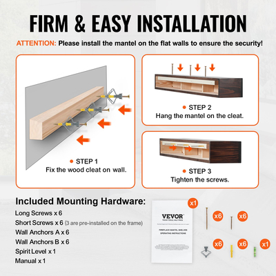 VEVOR Τζάκι Ξύλινο Ράφι Πλωτό Ρουστίκ Καπάκι Τζάκι 60" Καφέ