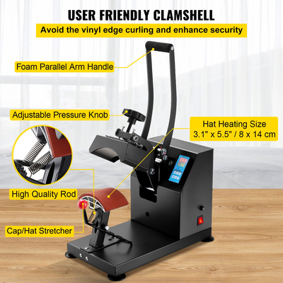 VEVOR Θερμοπρεσαριστό καπέλο 5,5 x 3,5 ιντσών Μηχάνημα πρέσας θερμότητας 600W Επαγγελματικό μηχάνημα πρέσας καπέλων για καπέλα Καπέλα μεταφοράς θερμότητας πρέσας με 12000 ώρες ζωής ψηφιακό χρονοδιακόπτη LCD και έλεγχος θερμοκρασίας