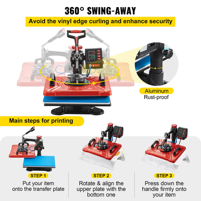 VEVOR Heat Press 12X15 Inch 10 in 1 Heat Pressure 1000W Heat Press Machine with 360° Rotation Swing Away Red Heat Press T-Shirt Machine Sublimation Dual-tube Θέρμανση για στυλό DIY Καπάκια Κούπες και πουκάμισα