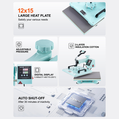Μηχάνημα θερμικής πρέσας VEVOR 12x15 σε 8 σε 1 με Πράσινο T-Shirts Tumbler Press 30oz