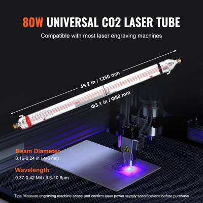 Σωλήνας λέιζερ VEVOR 90W CO2 49,2 ιντσών / 1250 mm Σωλήνας κοπής λέιζερ από βοριοπυριτικό γυαλί
