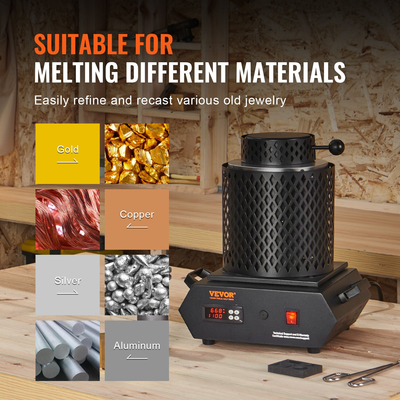 Φούρνος τήξης χρυσού VEVOR, Ηλεκτρικός ψηφιακός φούρνος τήξης 1350W, Ηλεκτρικός φούρνος τήξης 2102℉/1150℃ με χωνευτήρια γραφίτη 1kg και 3 kg για τήξη χρυσού, ασημιού, χαλκού, αλουμινίου