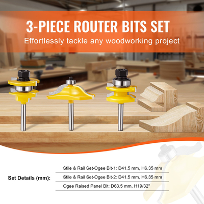 VEVOR Router Bits Σετ 3 τεμαχίων Carbide Router Bit 1/4 inch Shank Carrying case