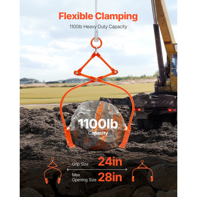 VEVOR 24in Stone Lifting Tongs 2 Claw Steel Rock Langs Swivel Log Grapple