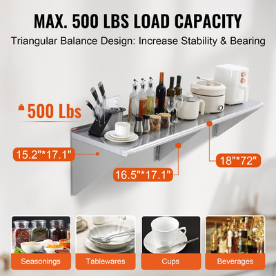 VEVOR 72" x 18" από ανοξείδωτο ατσάλι επιτοίχιο ράφι Ράφια κουζίνας εστιατορίου