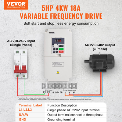 VEVOR VFD 5HP 4KW 18A 1 ή 3 Φάσεις AC 220V Είσοδος σε Τριφασική Έξοδος AC 0~220V