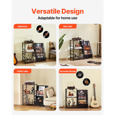 VEVOR 3 Tiers Record Player με φως LED &amp; θύρες USB Μεταλλικό ράφι βινυλίου μαύρο