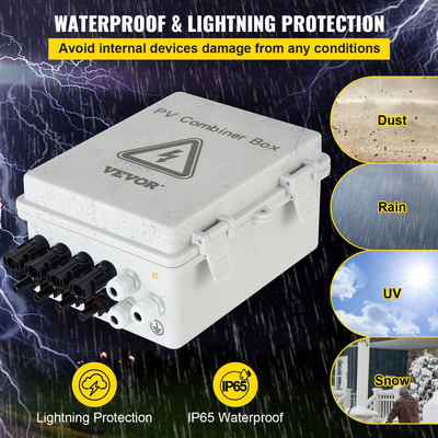 VEVOR PV Combiner Box, 4 String, Solar Combiner Box με ονομαστική ασφάλεια ρεύματος 15A, διακόπτη 63A, Lightning Arreste και Solar Connector, για On/Off Grid Solar Panel System, IP65 Waterproof