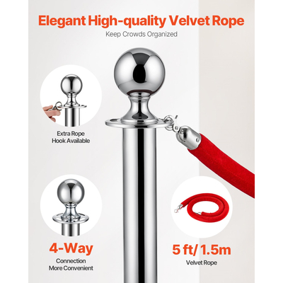 VEVOR 6 τμχ Silver Stanchion Post 3 Red Velvet Ropes Sand Injection Hollow Base
