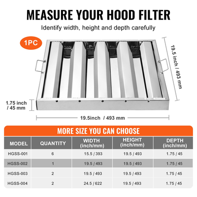 VEVOR 19,5Wx19,5H Inch Commercial Hood Filter Range Hood Διάφραγμα από ανοξείδωτο ατσάλι
