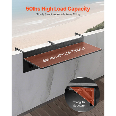 VEVOR Κρεμαστό Τραπέζι Μπαλκόνι 12 x 48 σε Αίθριο Πτυσσόμενο Τραπέζι Μπαρ με Κάγκελα