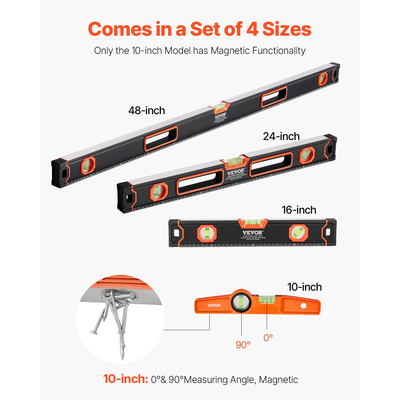 VEVOR 4-Piece Torpedo Level 48/24/16/10 Σε σώμα από κράμα αλουμινίου με φιαλίδια φυσαλίδων