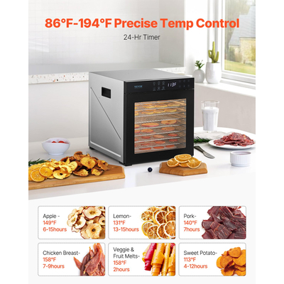 VEVOR 10 Trays Μηχανή αφυδάτωσης τροφίμων από ανοξείδωτο ατσάλι 1000W Jerky Fruit Drying