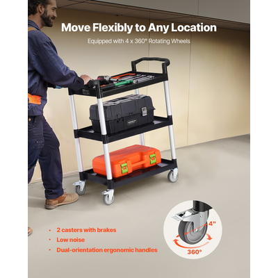 VEVOR Heavy Duty Utility Cart 300 lbs Χωρητικότητα 3-επιπέδων καλάθι σέρβις με ρόδες