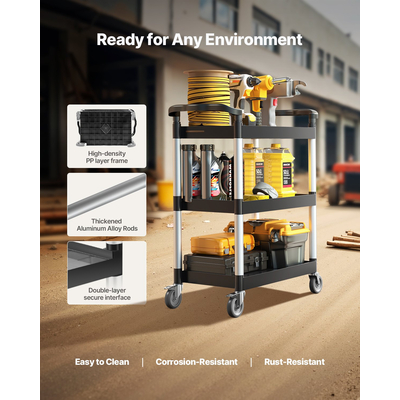 VEVOR Heavy Duty Utility Cart 300 lbs Χωρητικότητα 3-επιπέδων καλάθι σέρβις με ρόδες