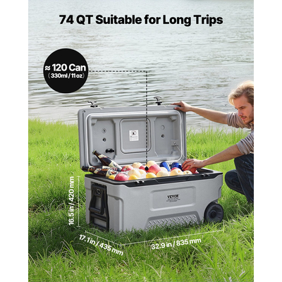 VEVOR Portable Cooler 74 QT Wheeled Cooler 120 Can Capacity with Cup Holder