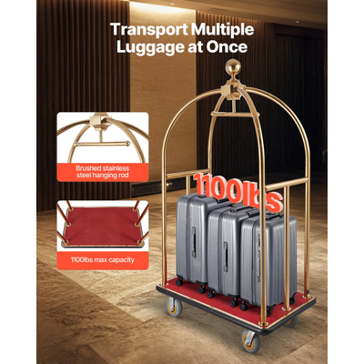 VEVOR Hotel Luggage Cart 1100 LBS Stainless Steel Bellman&#039;s Cart Curved Uprights