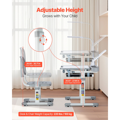 VEVOR Παιδικό σετ καρέκλας και γραφείου Επιτραπέζιο φωτιστικό με ρυθμιζόμενο ύψος & γκρι επιφάνεια εργασίας με κλίση