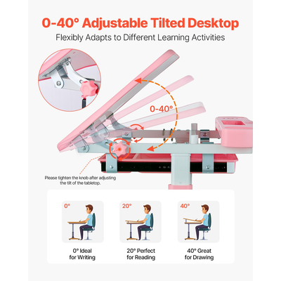VEVOR Παιδικό σετ καρέκλας και γραφείου Επιτραπέζιο φωτιστικό με ρυθμιζόμενο ύψος & ροζ επιφάνεια εργασίας