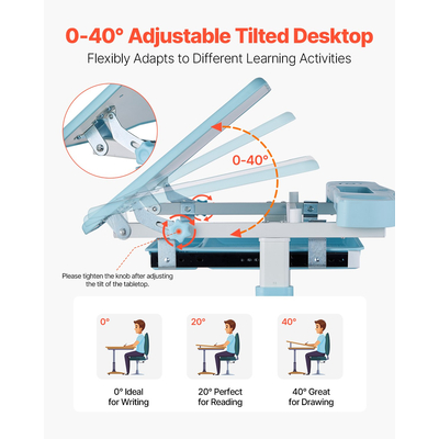 VEVOR Παιδικό σετ καρέκλας και γραφείου Επιτραπέζιο φωτιστικό ρυθμιζόμενο ύψος & επιτραπέζιο με κλίση μπλε