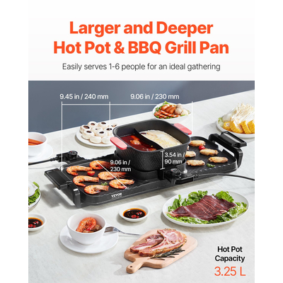 VEVOR Hot Pot με Γκριλ Ηλεκτρικό BBQ 2300W 2 σε 1 χωρίς καπνό με αφαιρούμενη κατσαρόλα
