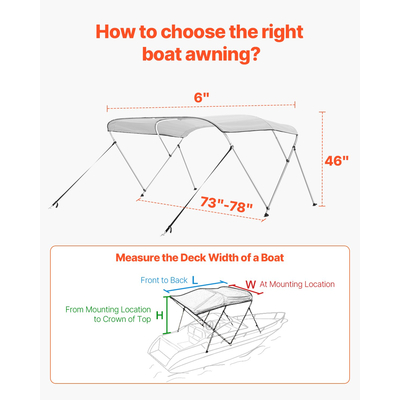 VEVOR 3 Μπλουζάκια Μπιμίνι Boat Bow 72"Lx(73"-78")Π x 46"H Τέντα κουβούκλιο ανοιχτό γκρι