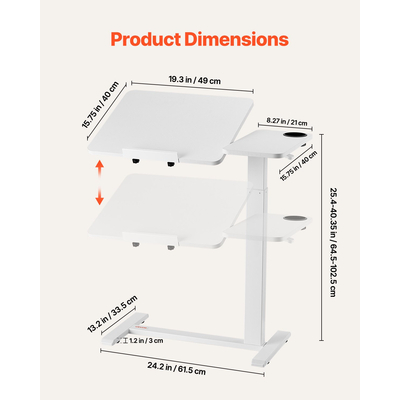 VEVOR Τραπέζι-Κρεβάτι-Πλαϊνό Γραφείο με Αναδιπλούμενο Γραφείο, Ρόδες & Ποτηροθήκη Λευκό
