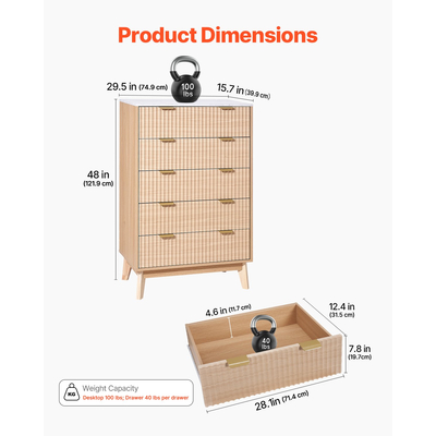 VEVOR Συρταριέρα με 5 ραβδώσεις, Ξύλινη με συρτάρια, συρόμενη και αντιανατρεπτική