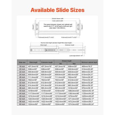 VEVOR 1 Pair 18-60 in Soft-Close Drawer Slides Ball Bearing Full Extension