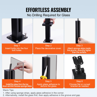 VEVOR Glass Clamp 35,83" H Στήριγμα κιγκλίδωμα για 0,39 "-0,47" Glass Black Black