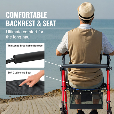 VEVOR Rollator Walker για ηλικιωμένους και ενήλικες, Ελαφρύς αναδιπλούμενος περιπατητής από αλουμίνιο με ρυθμιζόμενο κάθισμα και λαβή, περιπατητής περιπάτου για εξωτερική κινητικότητα με τροχούς παντός εδάφους 8 ιντσών, χωρητικότητα 300LBS