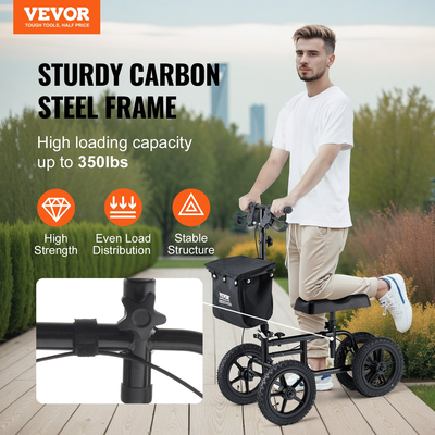 VEVOR Folding Knee Scooter, Carbon Steel Steerable Knee Walker με ρυθμιζόμενο ύψος τιμόνι & γόνατο, τροχός 12" παντός εδάφους, διπλά φρένα, σκούτερ ανάκτησης ποδιών για τραυματισμένο ποδοκνημικό γόνατο, 350LBS