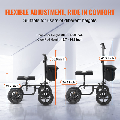 VEVOR Folding Knee Scooter, Carbon Steel Steerable Knee Walker με ρυθμιζόμενο ύψος τιμόνι & γόνατο, τροχός 12" παντός εδάφους, διπλά φρένα, σκούτερ ανάκτησης ποδιών για τραυματισμένο ποδοκνημικό γόνατο, 350LBS
