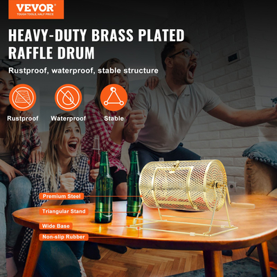VEVOR Raffle Drum, 11,6 x Ø7,48 ιντσών Brass Plated Ticket Raffle Spinning Cage, Χωράει 2500 εισιτήρια ή 100 μπάλες πινγκ πονγκ, μεταλλικό σχέδιο λοταρίας με ξύλινη περιστροφική λαβή, για κάλπες Bingo Pa