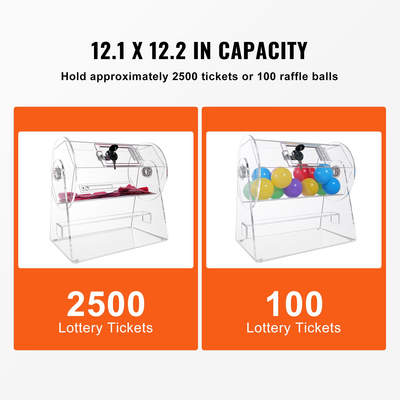 VEVOR Acrylic Raffle Drum, Χωράει 2500 εισιτήρια ή 100 μπάλες λοταρίας, επαγγελματικό κλωβό λοταρίας με 2 κλειδιά, διαφανές σχέδιο λοταρίας, κουτί λαχείων για παιχνίδια λοταρίας Bingo