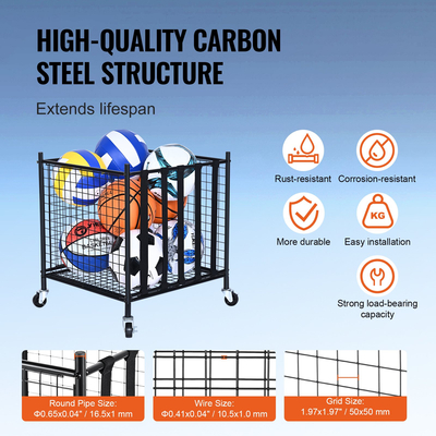 VEVOR Rolling Sports Ball Storage Cart, Κλουβί μπάσκετ που κλειδώνει με ελαστικούς ιμάντες, Organizer θήκη αθλητικού εξοπλισμού για εσωτερικούς χώρους, χαλύβδινη θήκη αποθήκευσης για γκαράζ, playgroup, γυμναστήριο και σχολεία